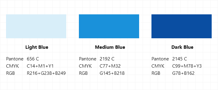 전용색상은 첫번째로 light blue 색상으로 pantone는 656C, CMYK는 C14+M1+Y1, RGB값은 R216+G238+B249이다. 두번째로 Medium blue 색상은 pantone는 2192C, CMYK는 C77+M32, RGB값은 G145+B218, 마지막 Dark blue색상은 pantone는 2145C, CMYK는 C99+M78+Y3, RGB값은 G78+B162dlek